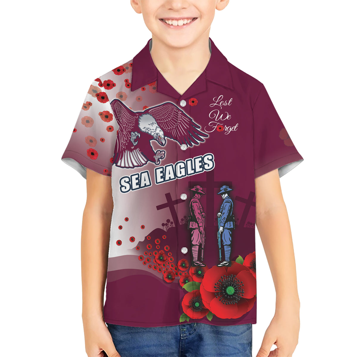 Custom Sea Eagle Rugby ANZAC Kid Hawaiian Shirt The Military Soldiers with Red Poppy