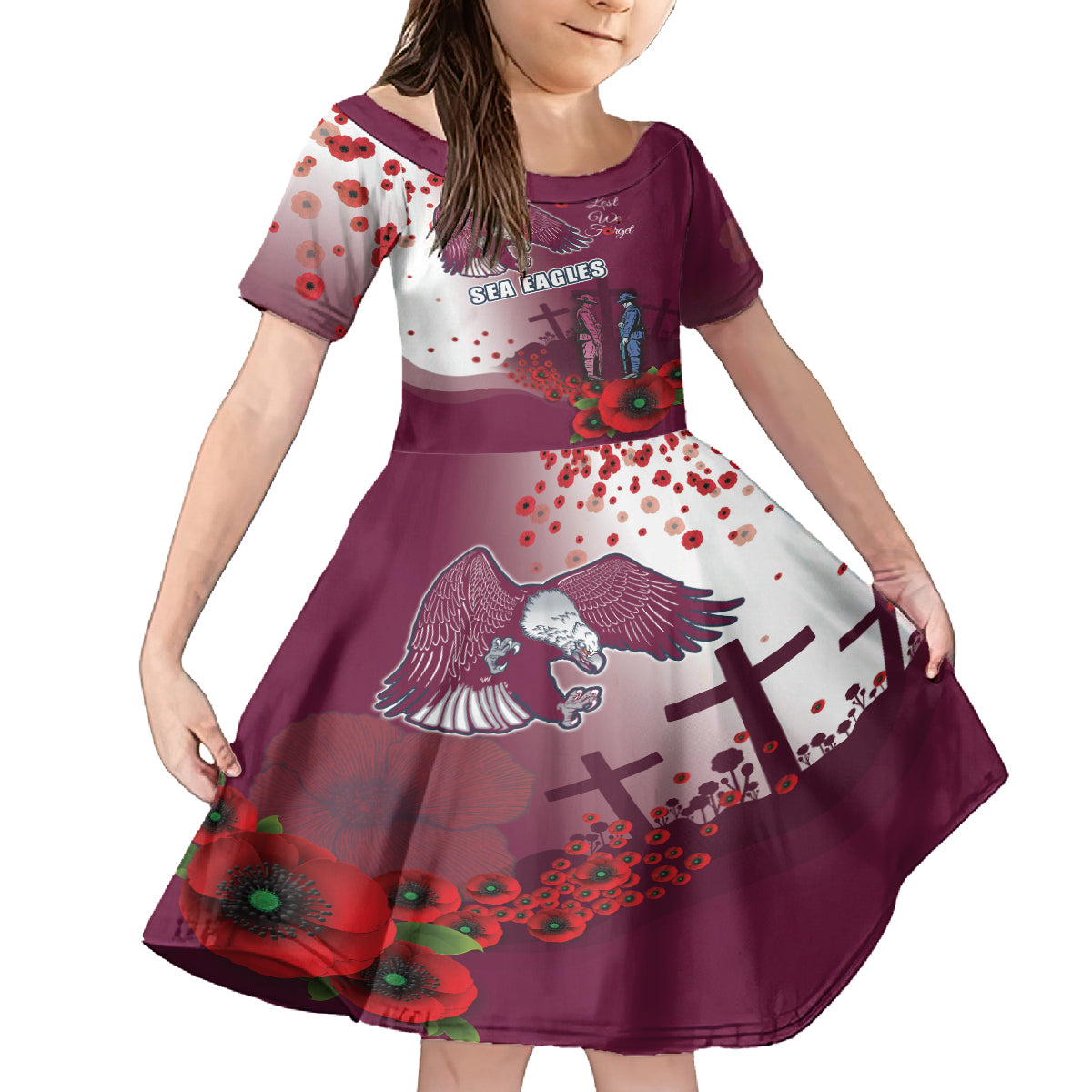 Custom Sea Eagle Rugby ANZAC Kid Short Sleeve Dress The Military Soldiers with Red Poppy