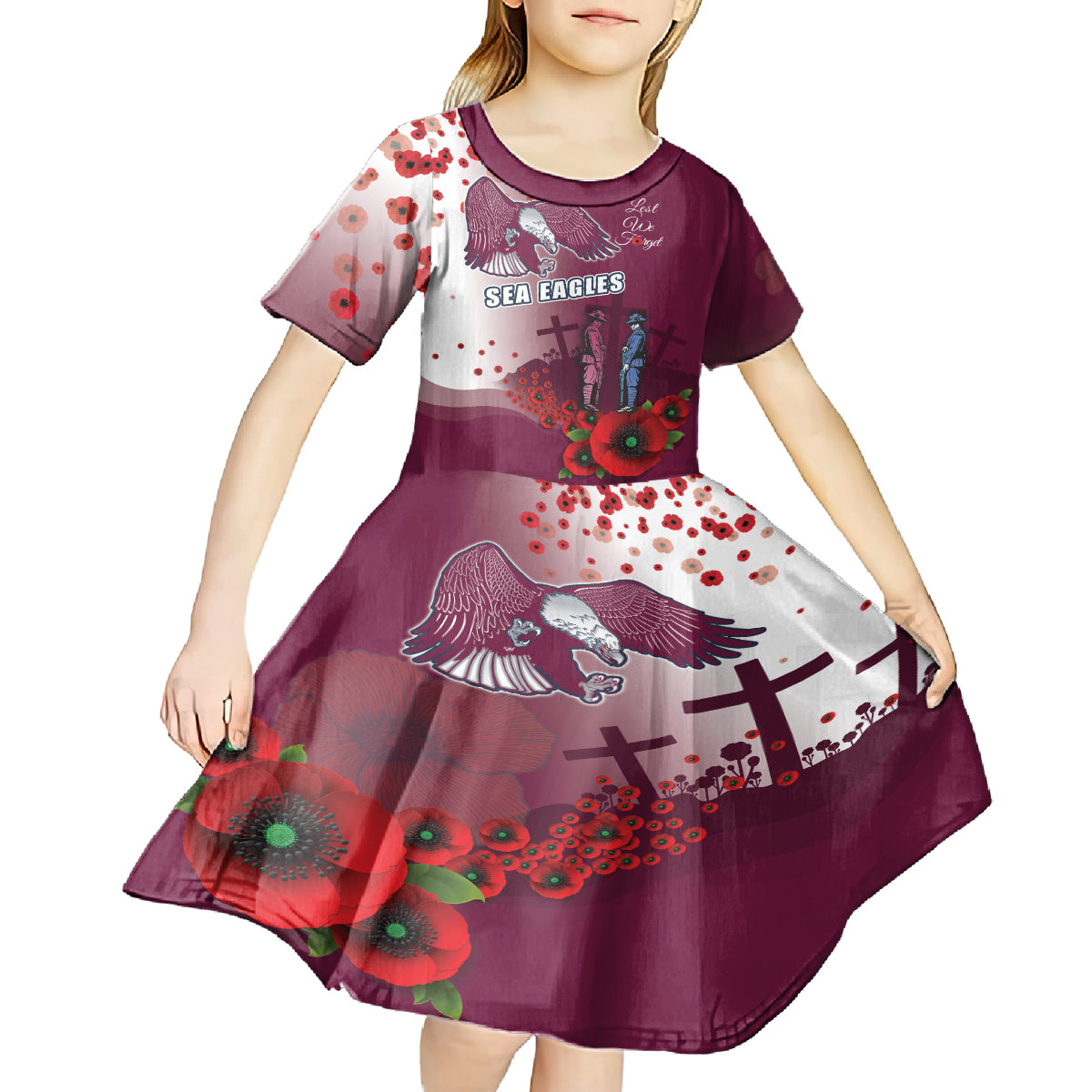 Custom Sea Eagle Rugby ANZAC Kid Short Sleeve Dress The Military Soldiers with Red Poppy