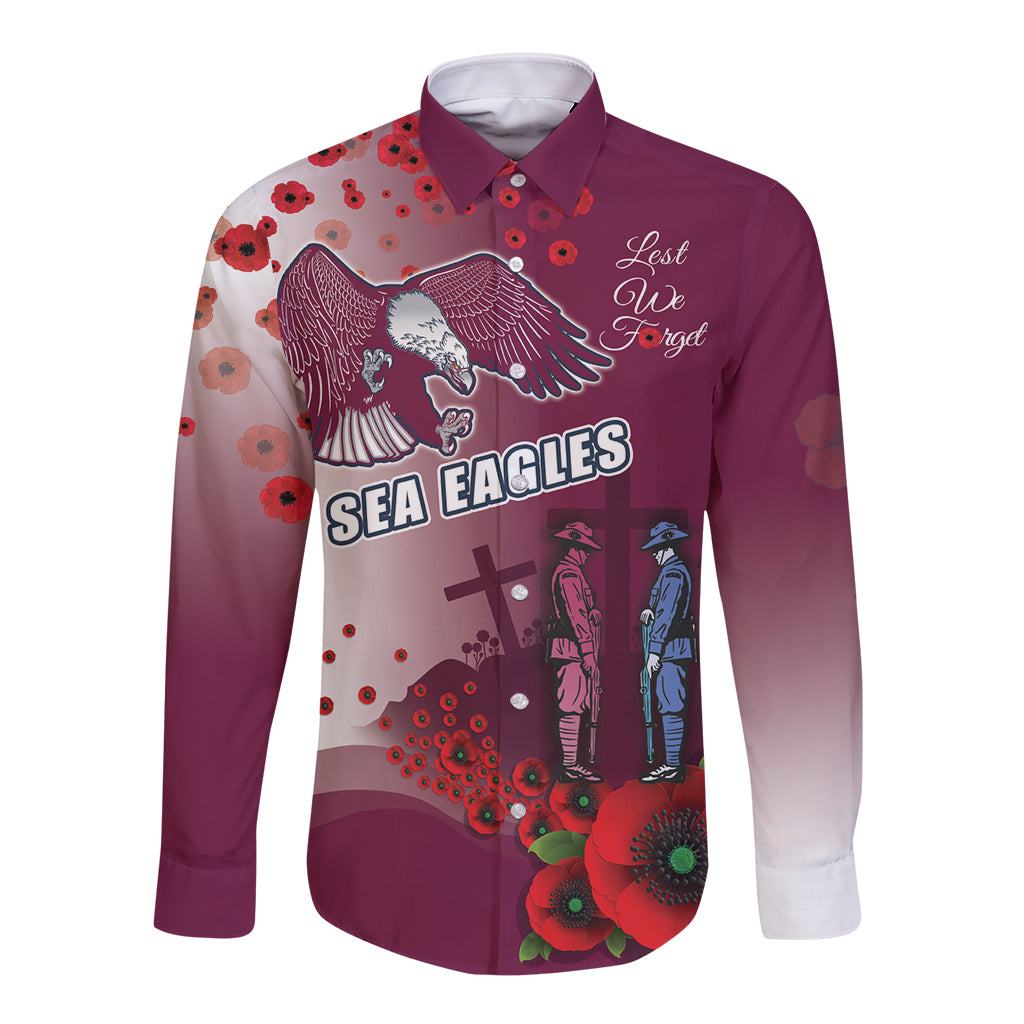 Custom Sea Eagle Rugby ANZAC Long Sleeve Button Shirt The Military Soldiers with Red Poppy