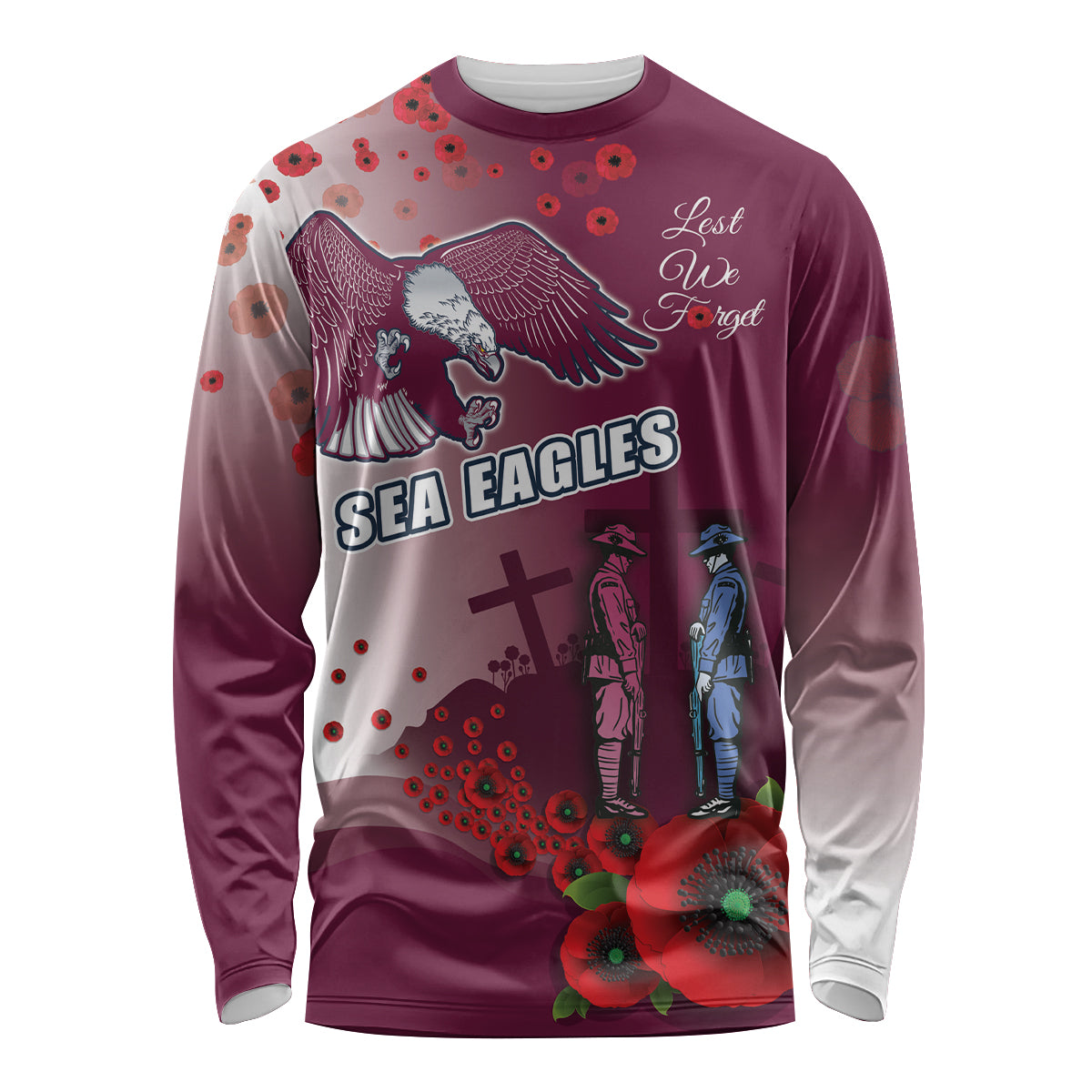 Custom Sea Eagle Rugby ANZAC Long Sleeve Shirt The Military Soldiers with Red Poppy