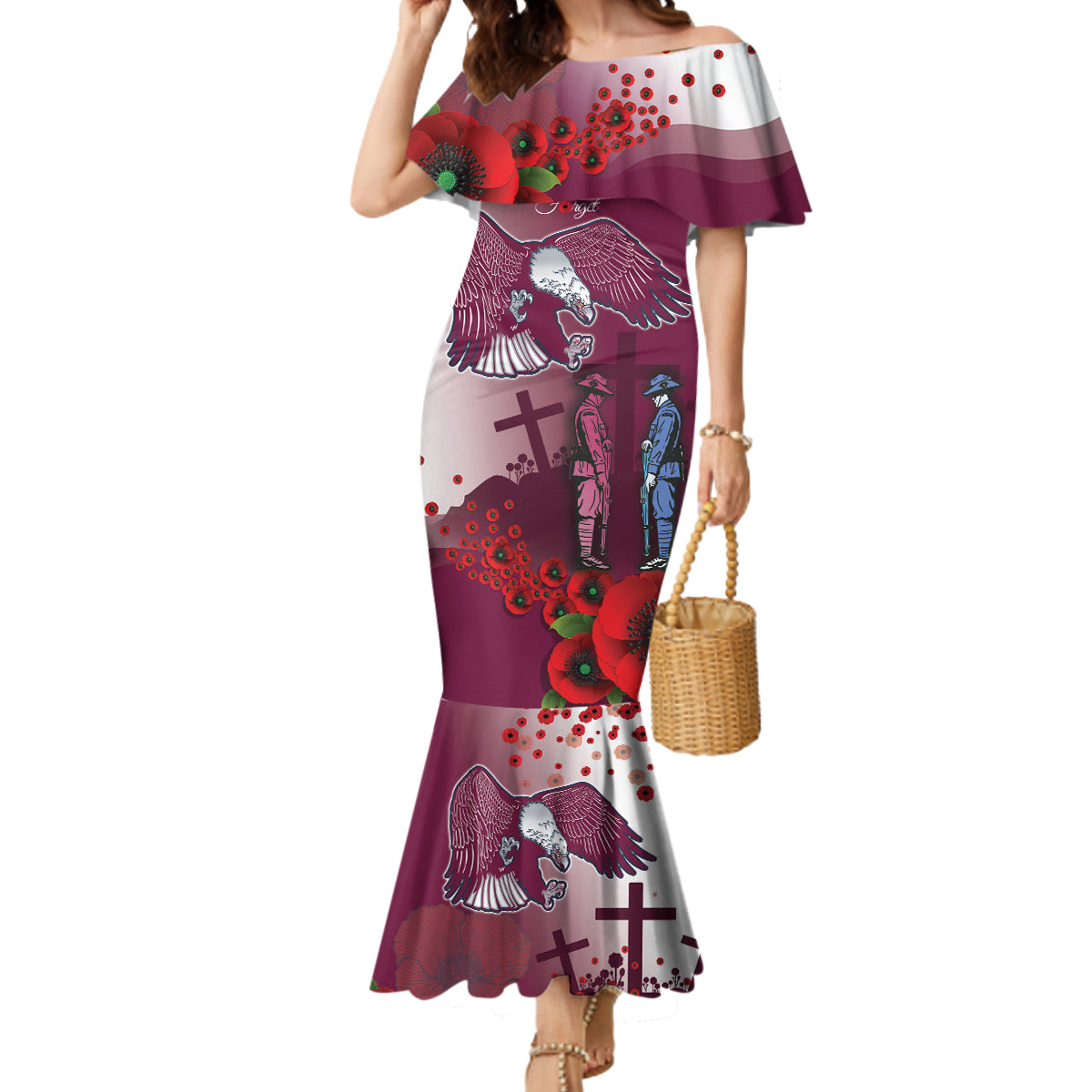 Custom Sea Eagle Rugby ANZAC Mermaid Dress The Military Soldiers with Red Poppy