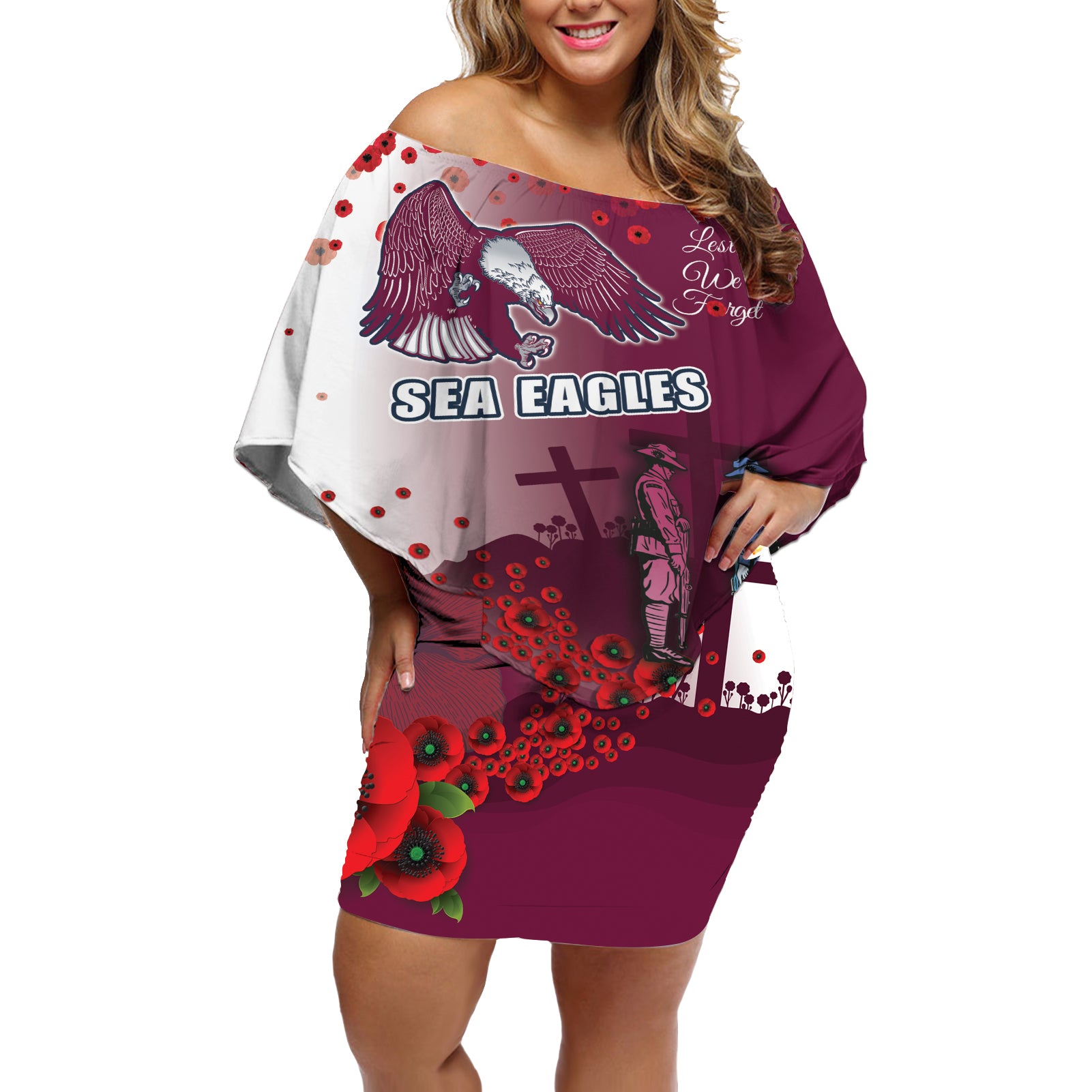 Custom Sea Eagle Rugby ANZAC Off Shoulder Short Dress The Military Soldiers with Red Poppy