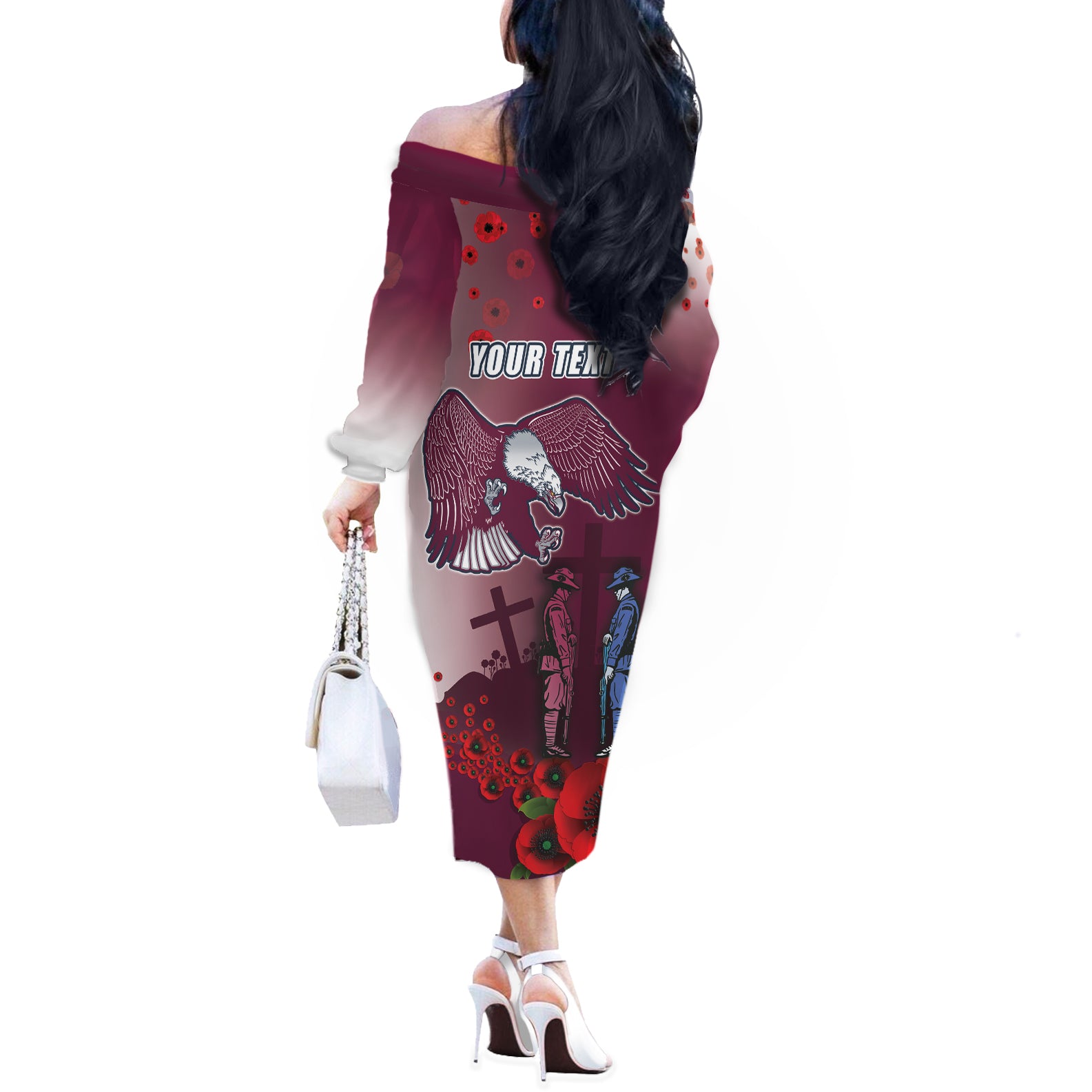 Custom Sea Eagle Rugby ANZAC Off The Shoulder Long Sleeve Dress The Military Soldiers with Red Poppy