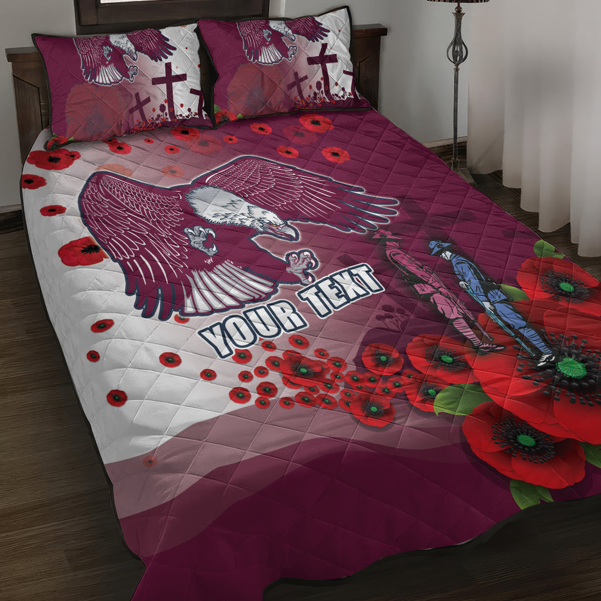 Custom Sea Eagle Rugby ANZAC Quilt Bed Set The Military Soldiers with Red Poppy