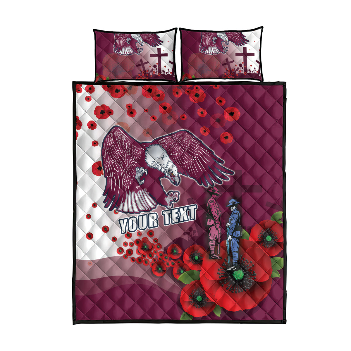 Custom Sea Eagle Rugby ANZAC Quilt Bed Set The Military Soldiers with Red Poppy