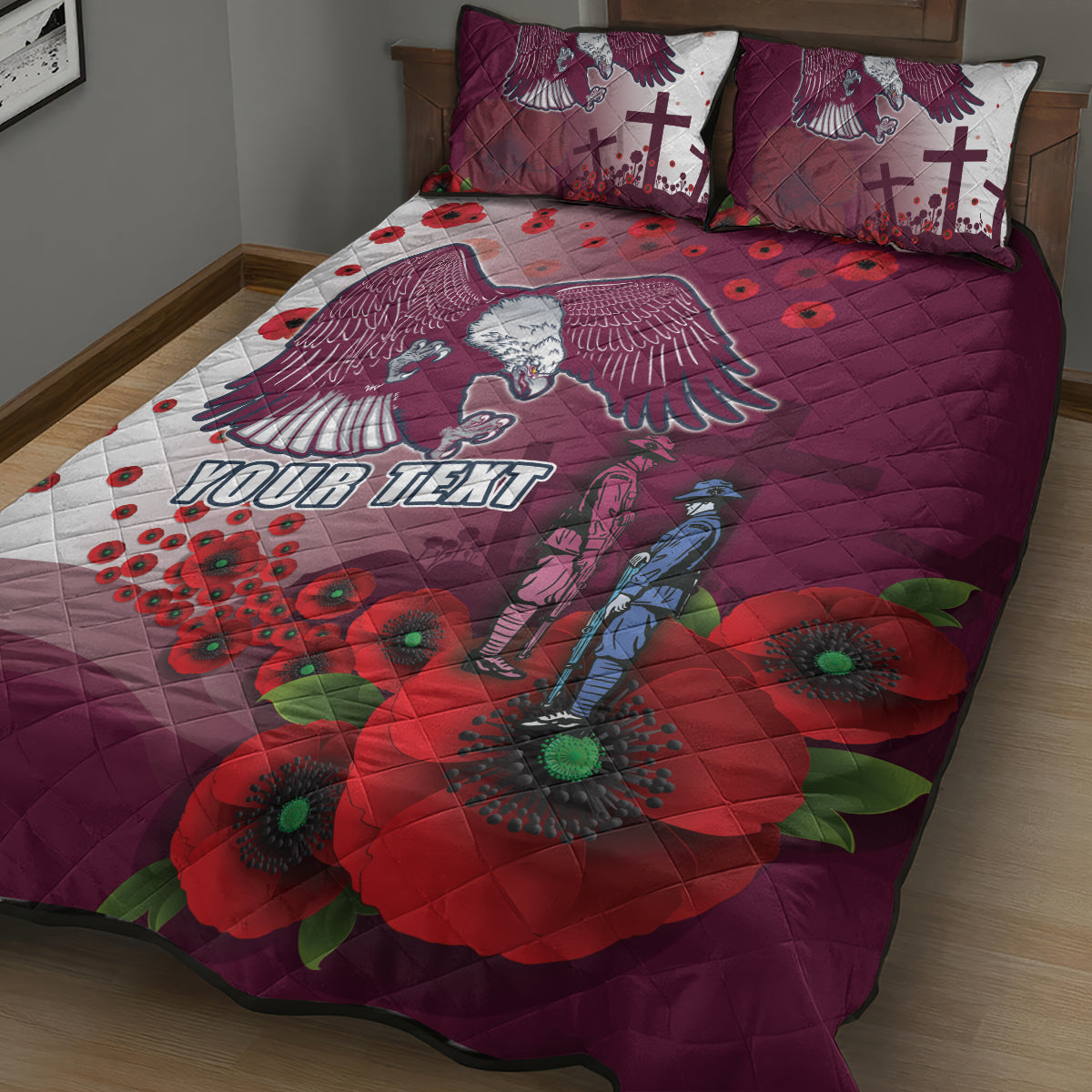 Custom Sea Eagle Rugby ANZAC Quilt Bed Set The Military Soldiers with Red Poppy