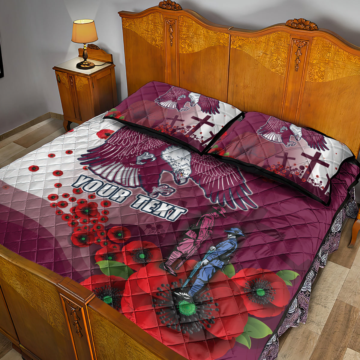 Custom Sea Eagle Rugby ANZAC Quilt Bed Set The Military Soldiers with Red Poppy