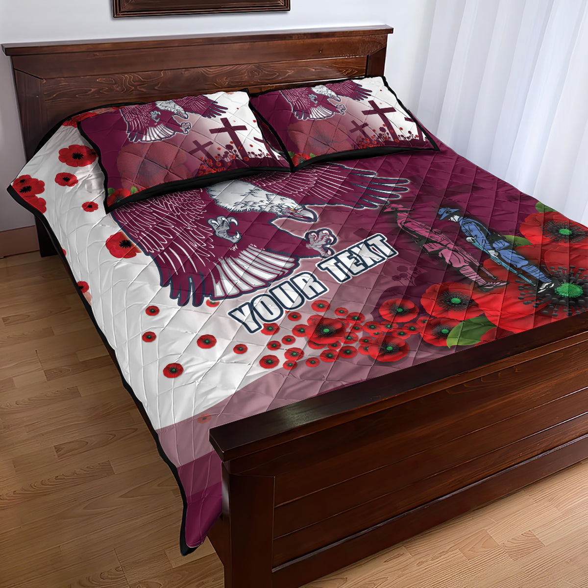 Custom Sea Eagle Rugby ANZAC Quilt Bed Set The Military Soldiers with Red Poppy