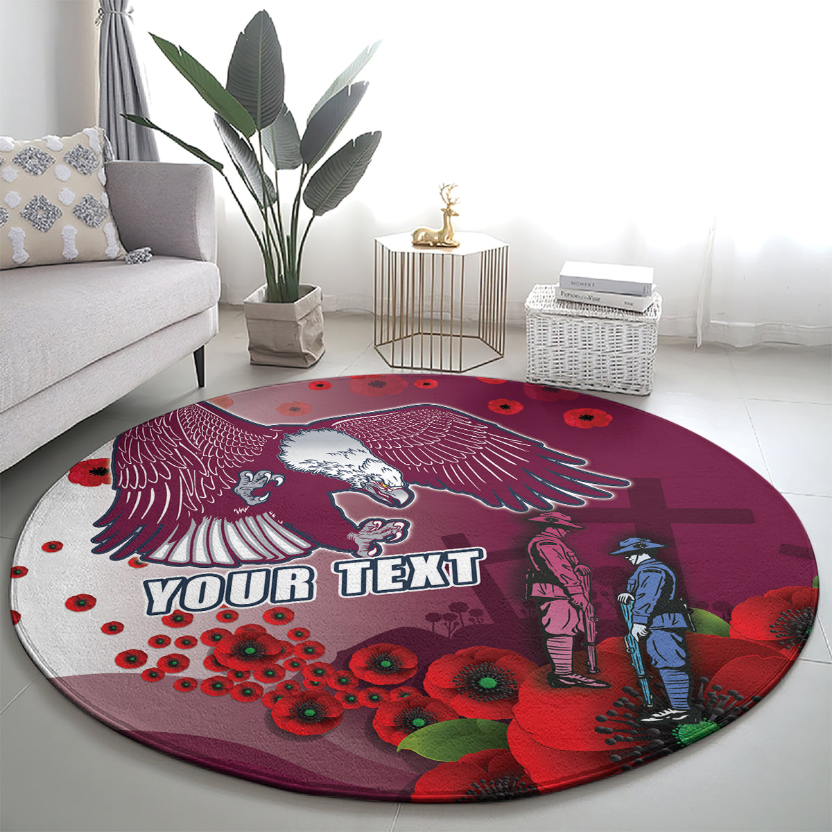 Custom Sea Eagle Rugby ANZAC Round Carpet The Military Soldiers with Red Poppy