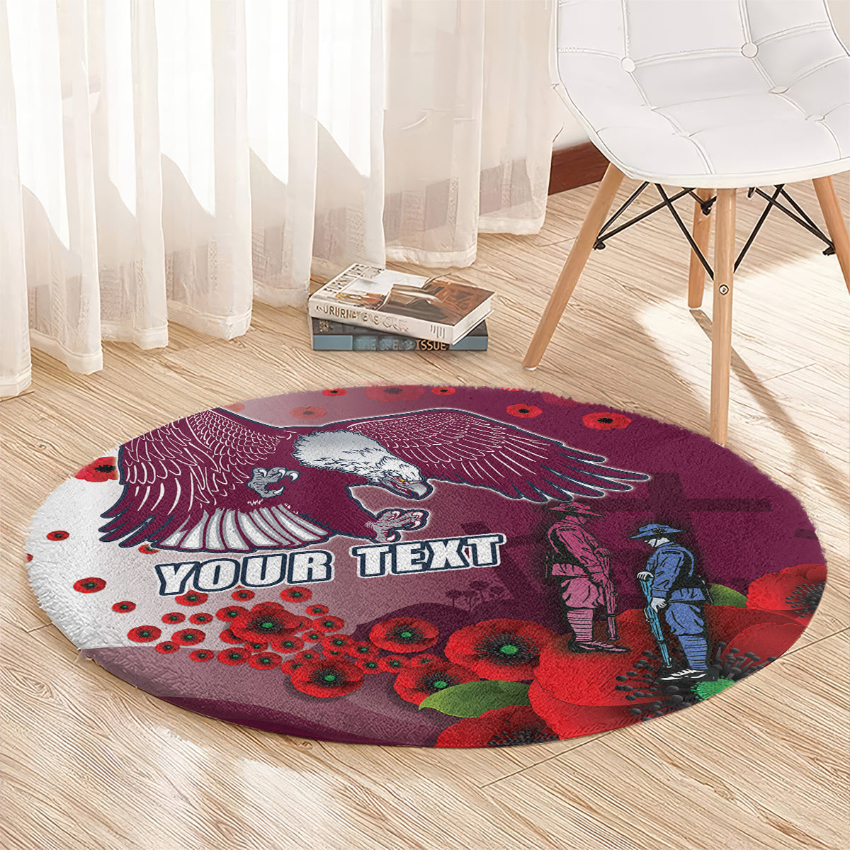 Custom Sea Eagle Rugby ANZAC Round Carpet The Military Soldiers with Red Poppy