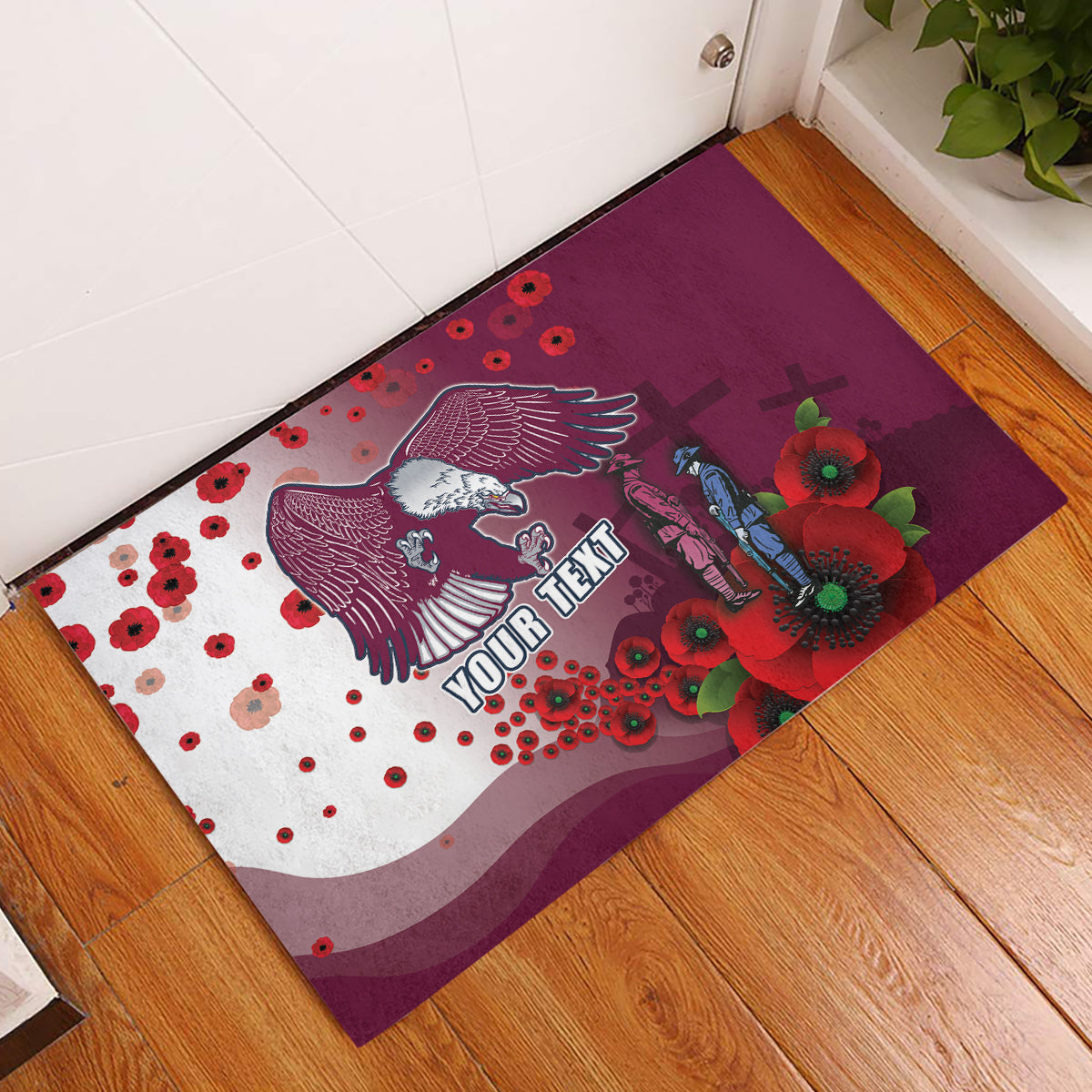 Custom Sea Eagle Rugby ANZAC Rubber Doormat The Military Soldiers with Red Poppy
