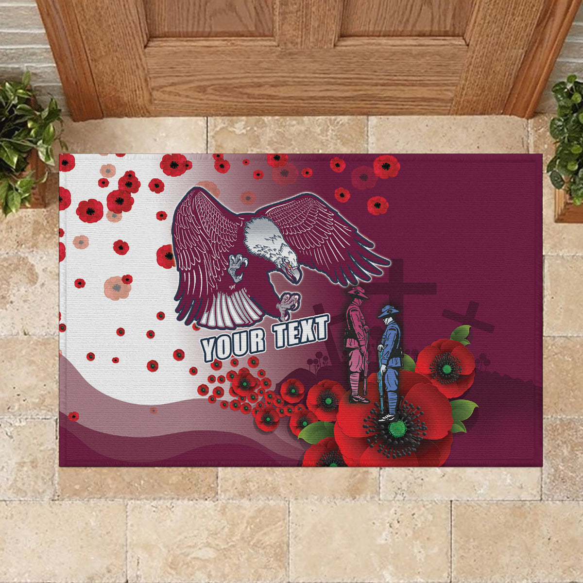 Custom Sea Eagle Rugby ANZAC Rubber Doormat The Military Soldiers with Red Poppy
