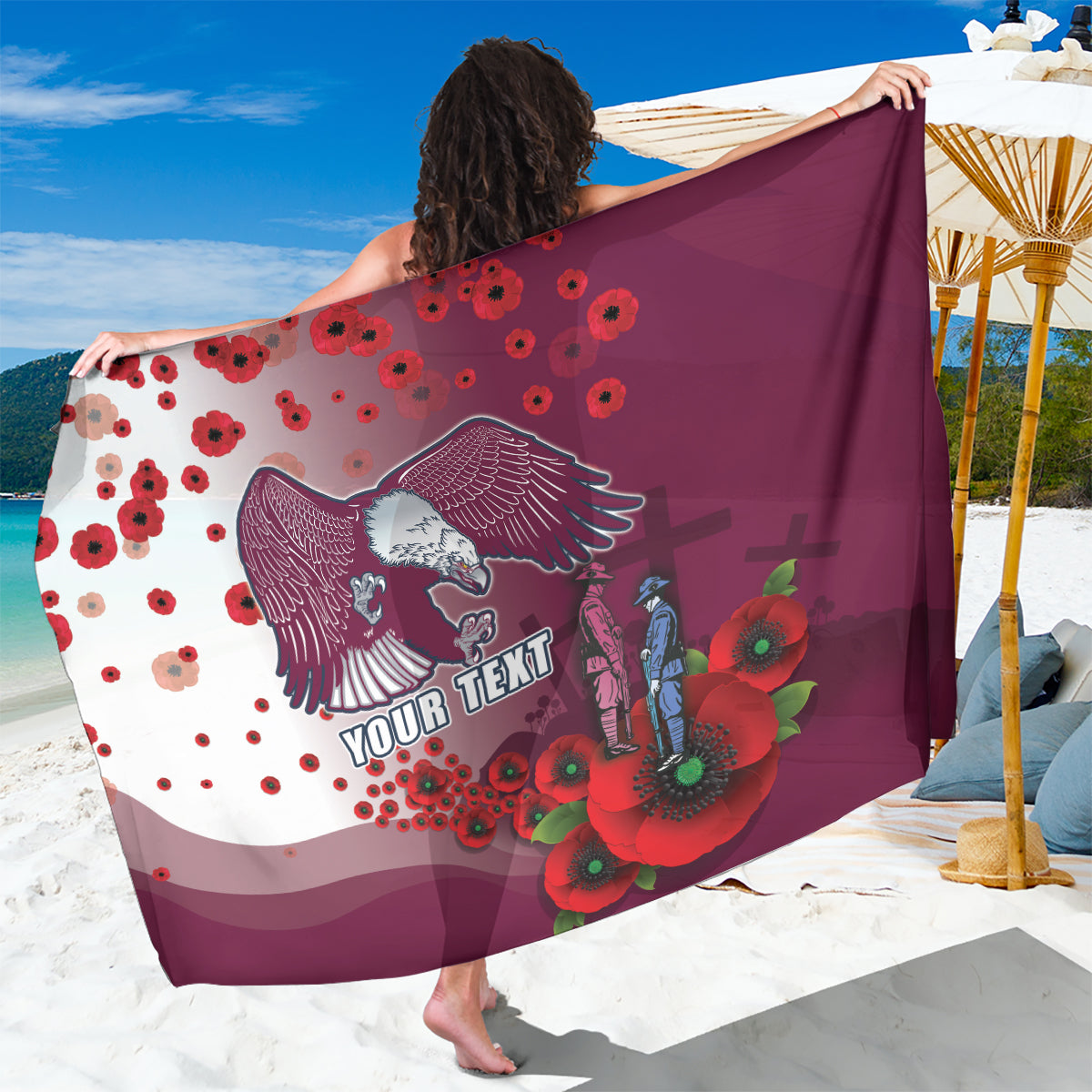 Custom Sea Eagle Rugby ANZAC Sarong The Military Soldiers with Red Poppy