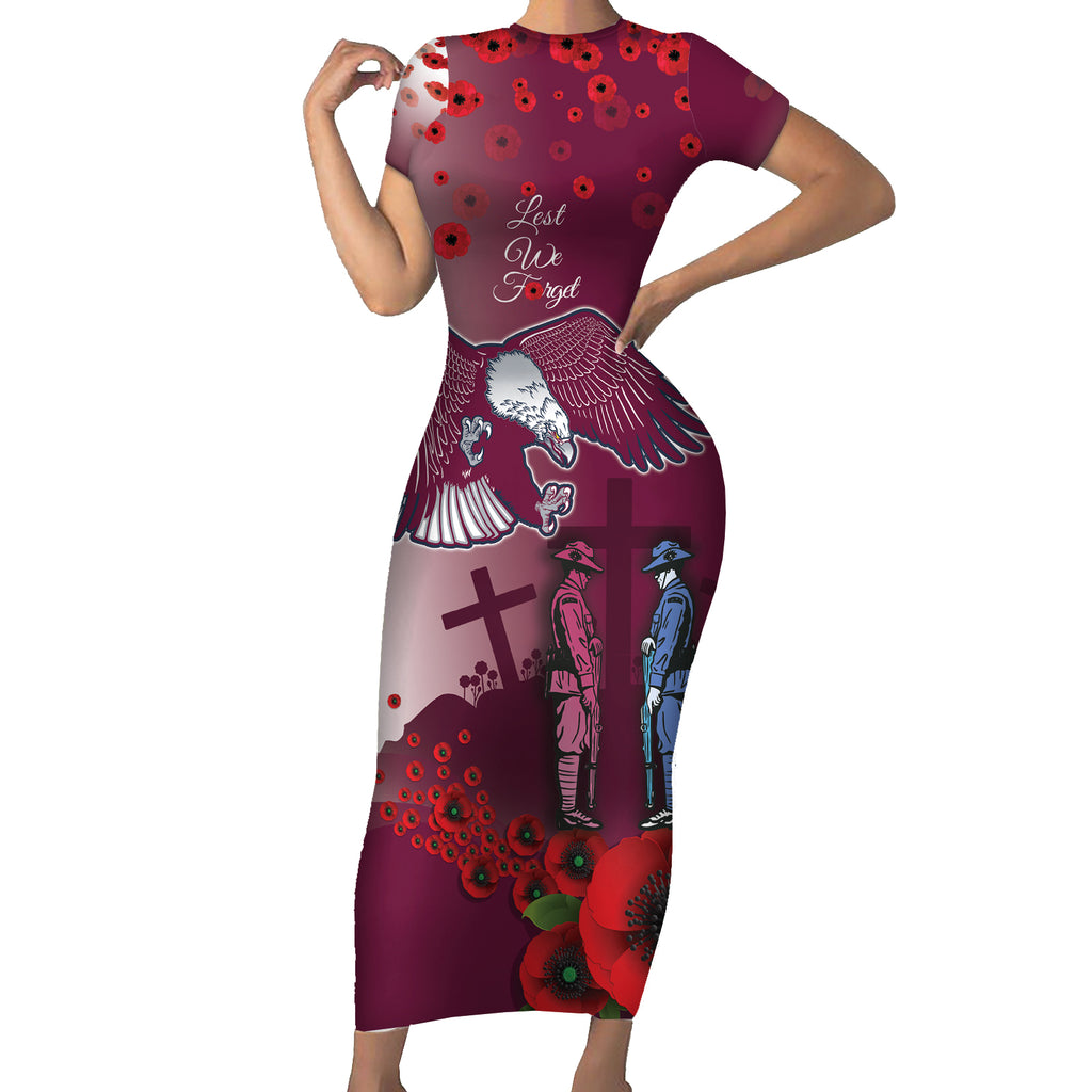 Custom Sea Eagle Rugby ANZAC Short Sleeve Bodycon Dress The Military Soldiers with Red Poppy