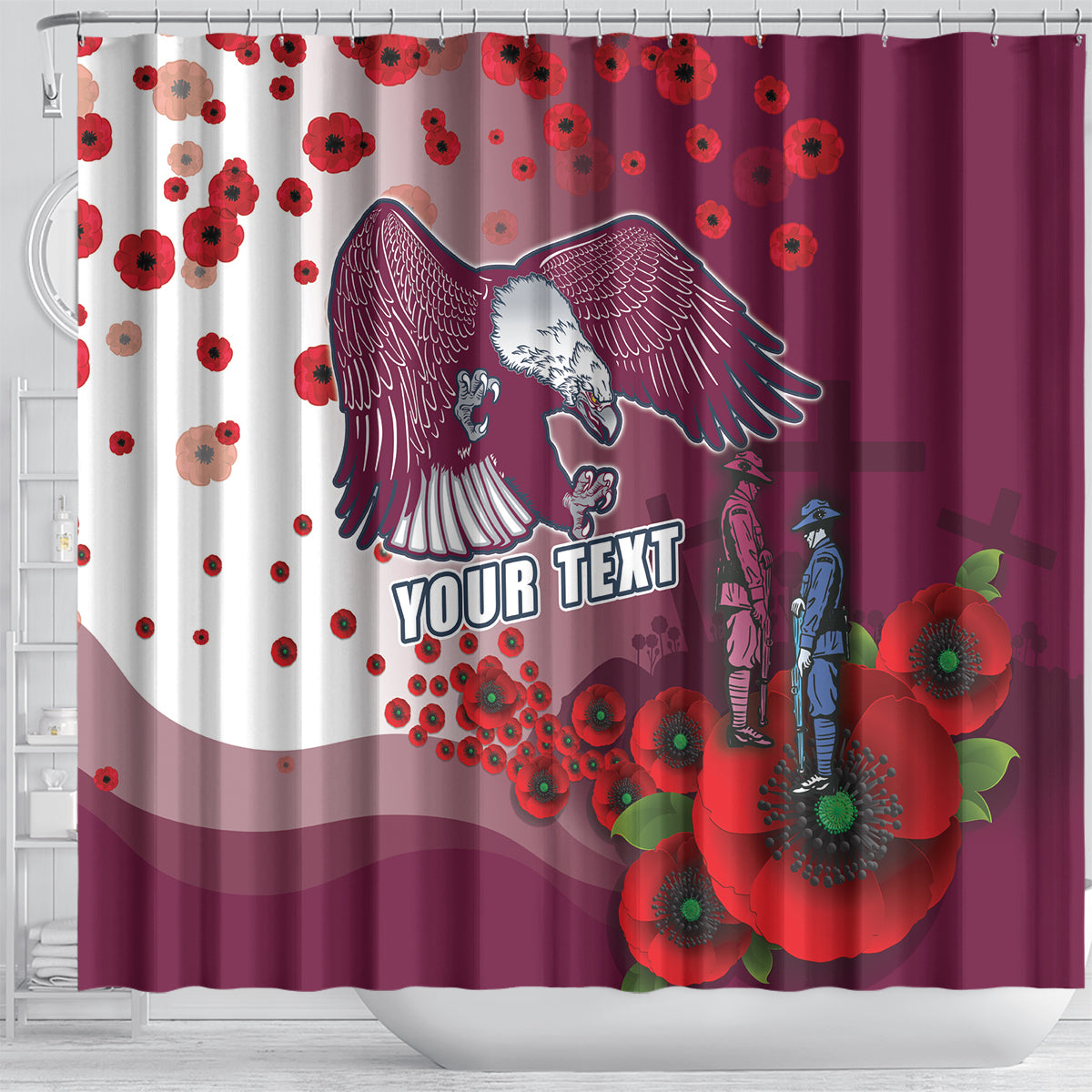 Custom Sea Eagle Rugby ANZAC Shower Curtain The Military Soldiers with Red Poppy