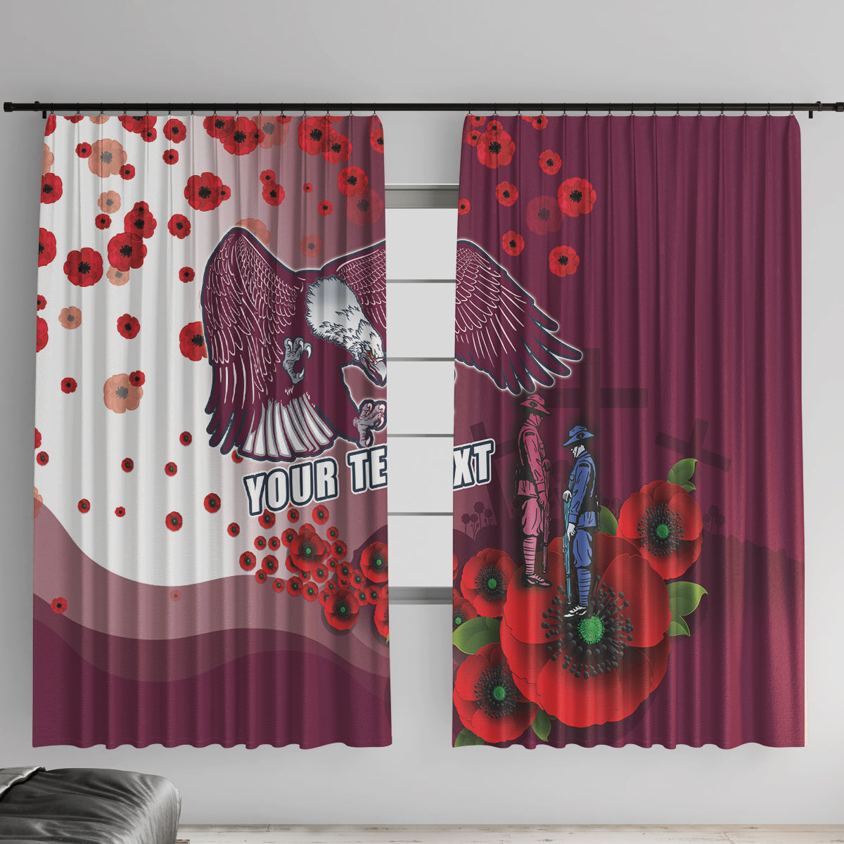 Custom Sea Eagle Rugby ANZAC Window Curtain The Military Soldiers with Red Poppy