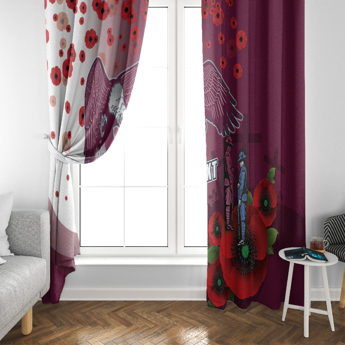 Custom Sea Eagle Rugby ANZAC Window Curtain The Military Soldiers with Red Poppy