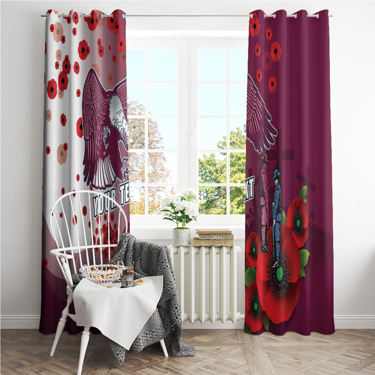 Custom Sea Eagle Rugby ANZAC Window Curtain The Military Soldiers with Red Poppy