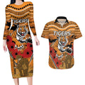 Custom Wests Tigers Rugby ANZAC Couples Matching Long Sleeve Bodycon Dress and Hawaiian Shirt Aboriginal and Army Patterns
