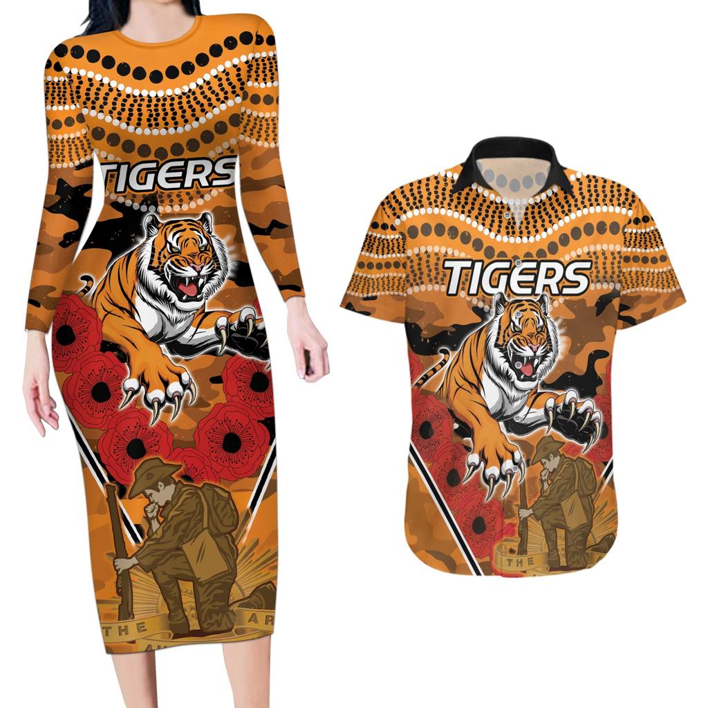 Custom Wests Tigers Rugby ANZAC Couples Matching Long Sleeve Bodycon Dress and Hawaiian Shirt Aboriginal and Army Patterns