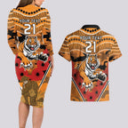 Custom Wests Tigers Rugby ANZAC Couples Matching Long Sleeve Bodycon Dress and Hawaiian Shirt Aboriginal and Army Patterns