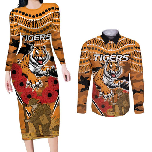 Custom Wests Tigers Rugby ANZAC Couples Matching Long Sleeve Bodycon Dress and Long Sleeve Button Shirt Aboriginal and Army Patterns