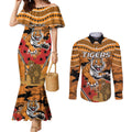 Custom Wests Tigers Rugby ANZAC Couples Matching Mermaid Dress and Long Sleeve Button Shirt Aboriginal and Army Patterns