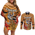Custom Wests Tigers Rugby ANZAC Couples Matching Off Shoulder Short Dress and Long Sleeve Button Shirt Aboriginal and Army Patterns