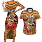 Custom Wests Tigers Rugby ANZAC Couples Matching Short Sleeve Bodycon Dress and Hawaiian Shirt Aboriginal and Army Patterns
