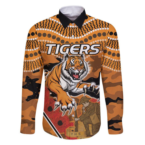 Custom Wests Tigers Rugby ANZAC Family Matching Off Shoulder Long Sleeve Dress and Hawaiian Shirt Aboriginal and Army Patterns