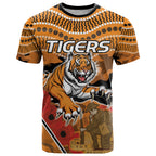 Custom Wests Tigers Rugby ANZAC T Shirt Aboriginal and Army Patterns
