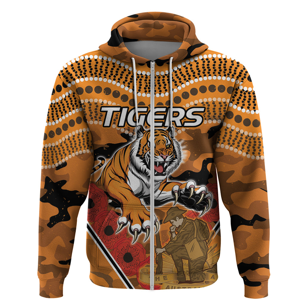 Custom Wests Tigers Rugby ANZAC Zip Hoodie Aboriginal and Army Patterns