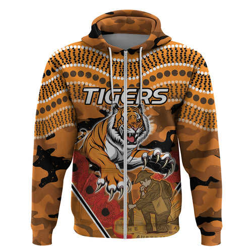 Custom Wests Tigers Rugby ANZAC Zip Hoodie Aboriginal and Army Patterns