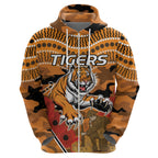 Custom Wests Tigers Rugby ANZAC Zip Hoodie Aboriginal and Army Patterns