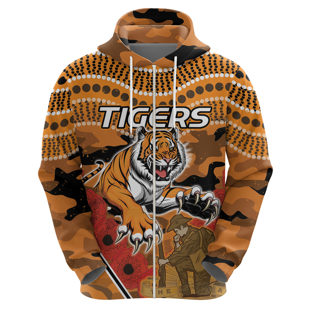 Custom Wests Tigers Rugby ANZAC Zip Hoodie Aboriginal and Army Patterns