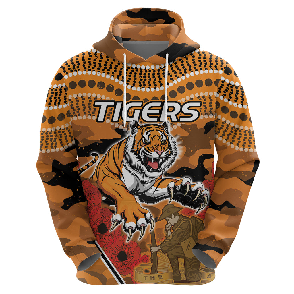 Custom Wests Tigers Rugby ANZAC Zip Hoodie Aboriginal and Army Patterns