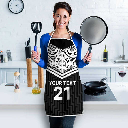 New Zealand Black Fern Custom Apron Maori Tukutuku Black-white Motif - Aussie Hoodie