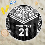 New Zealand Black Fern Custom Beach Blanket Maori Tukutuku Black-white Motif