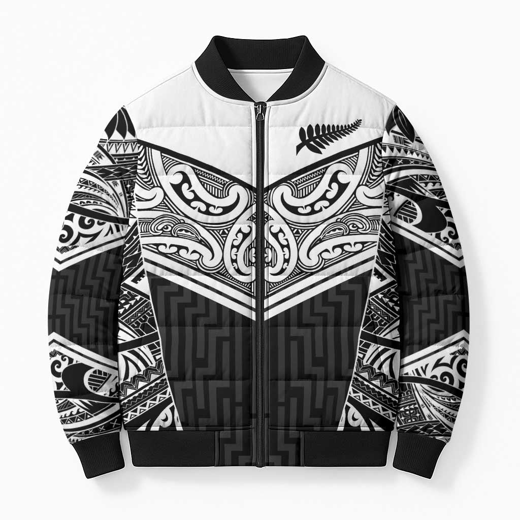New Zealand Black Fern Custom Bomber Puffer Jacket Maori Tukutuku Black-white Motif - Aussie Hoodie