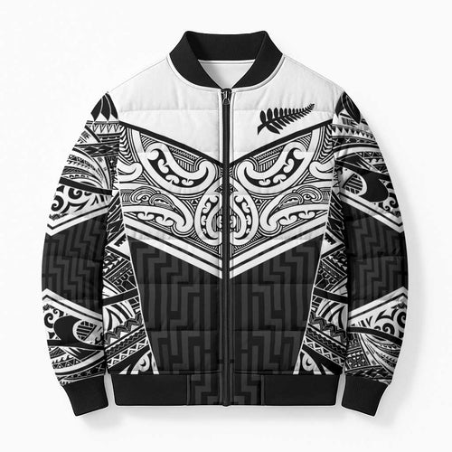 New Zealand Black Fern Custom Bomber Puffer Jacket Maori Tukutuku Black-white Motif - Aussie Hoodie