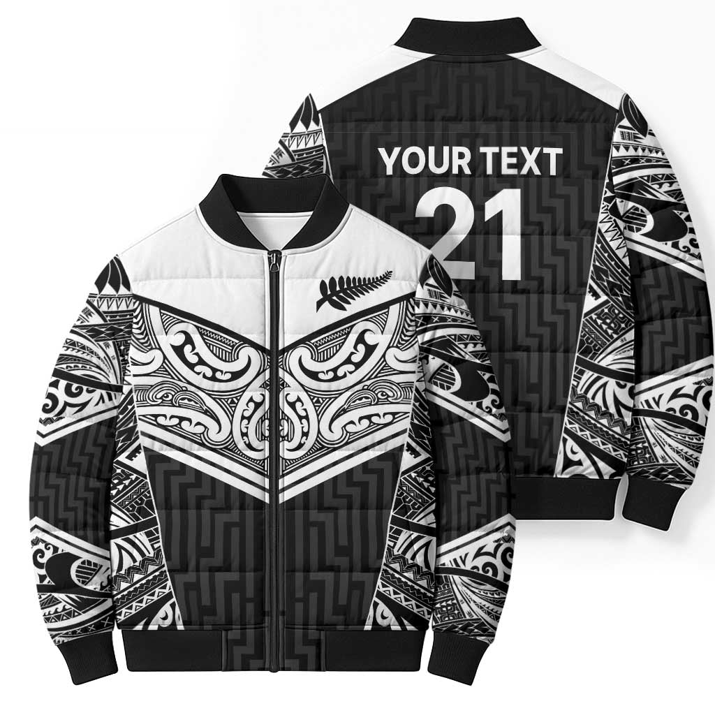 New Zealand Black Fern Custom Bomber Puffer Jacket Maori Tukutuku Black-white Motif - Aussie Hoodie