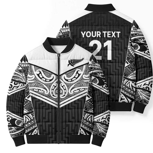 New Zealand Black Fern Custom Bomber Puffer Jacket Maori Tukutuku Black-white Motif - Aussie Hoodie