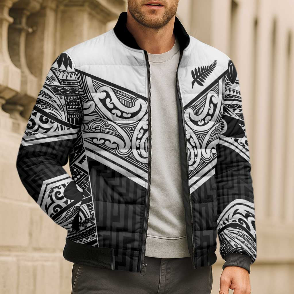 New Zealand Black Fern Custom Bomber Puffer Jacket Maori Tukutuku Black-white Motif - Aussie Hoodie