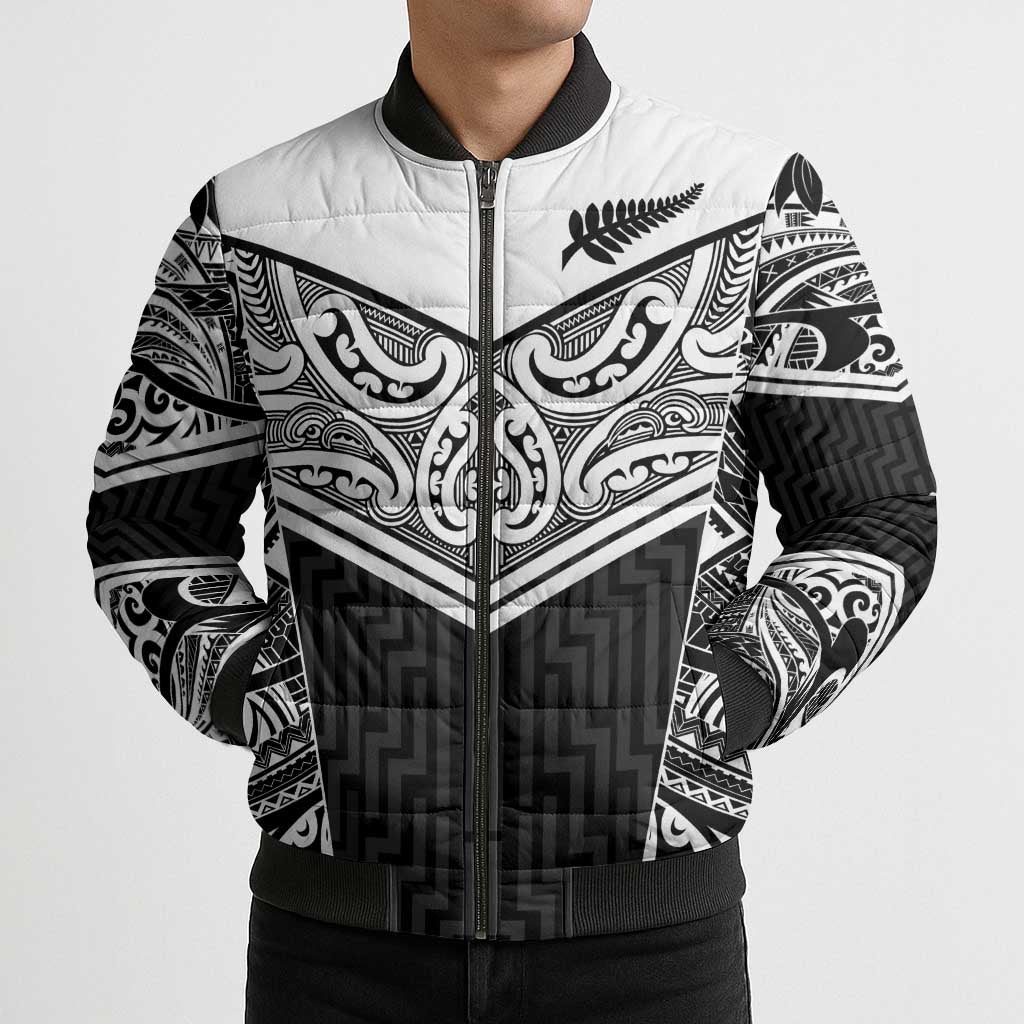 New Zealand Black Fern Custom Bomber Puffer Jacket Maori Tukutuku Black-white Motif - Aussie Hoodie