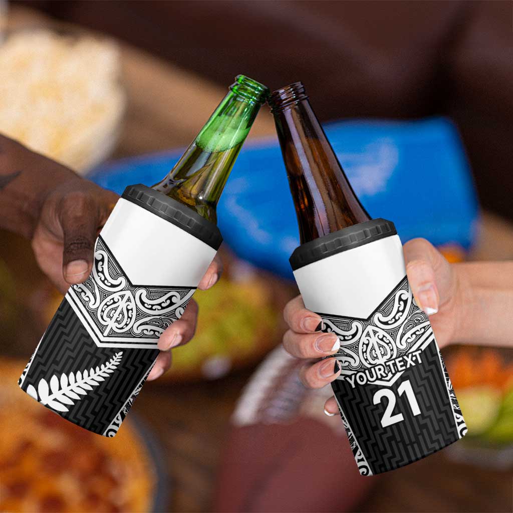 New Zealand Black Fern Custom 4 in 1 Can Cooler Tumbler Maori Tukutuku Black-white Motif