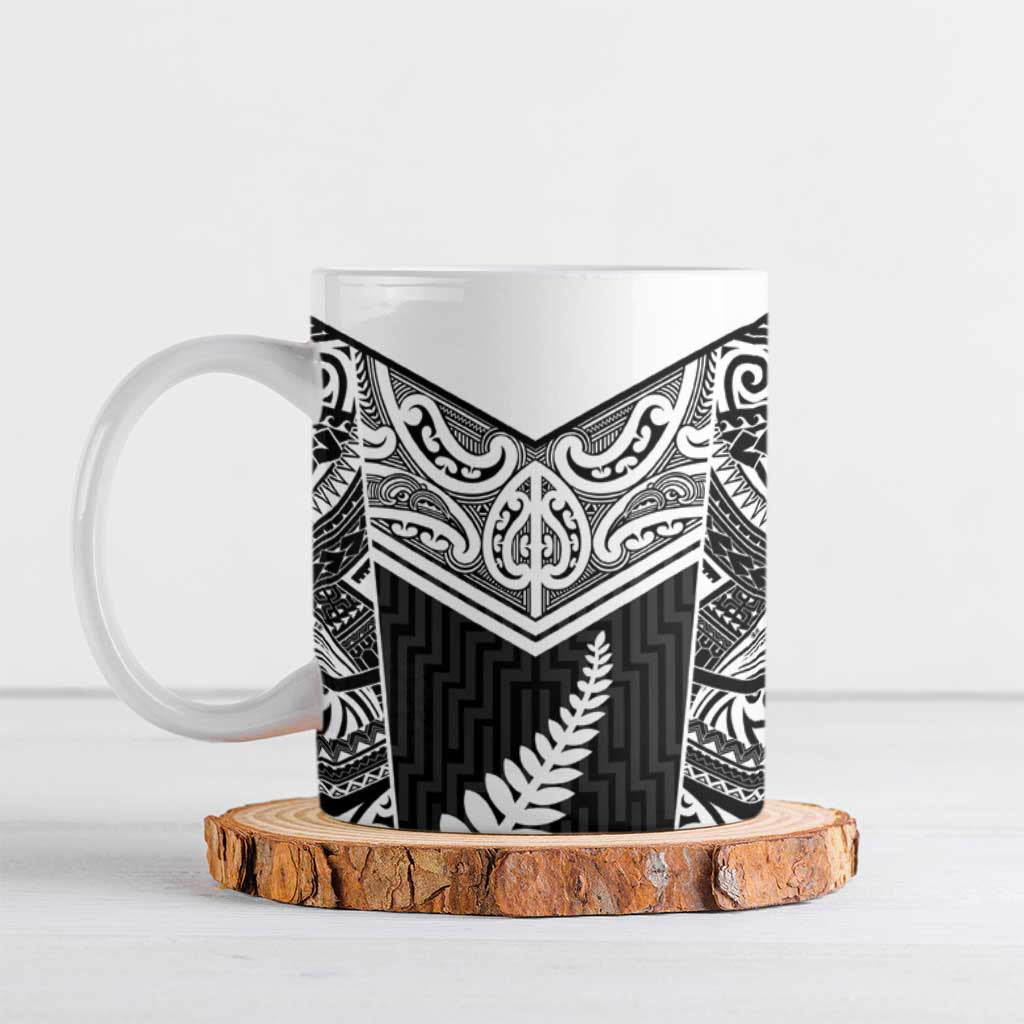 New Zealand Black Fern Custom Ceramic Mug Maori Tukutuku Black-white Motif - Aussie Hoodie