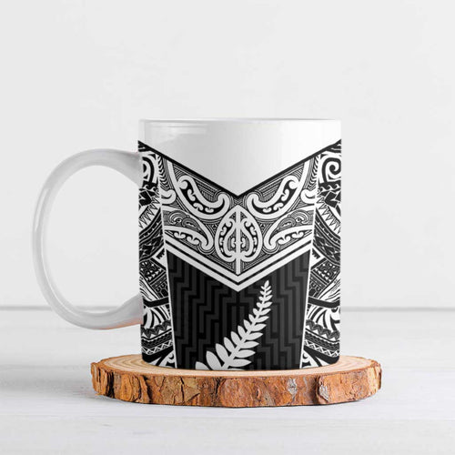 New Zealand Black Fern Custom Ceramic Mug Maori Tukutuku Black-white Motif - Aussie Hoodie