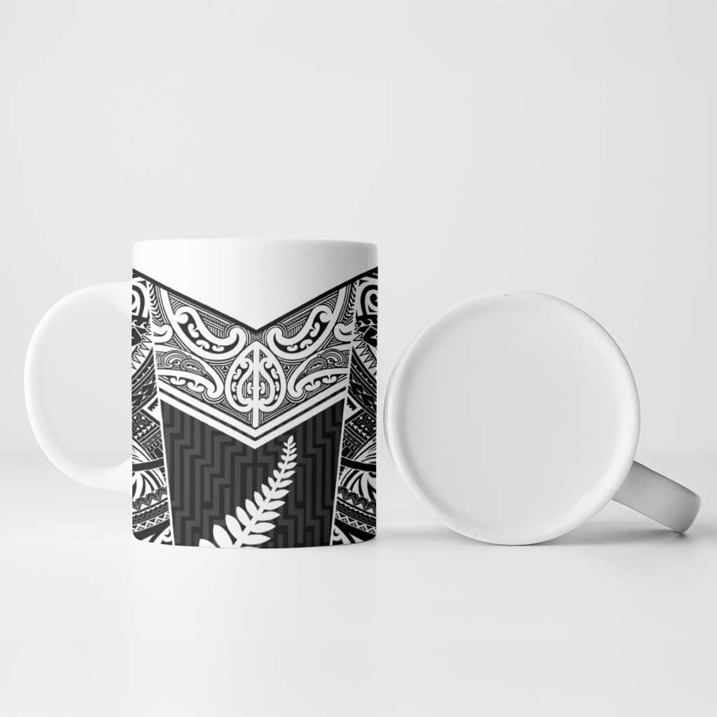 New Zealand Black Fern Custom Ceramic Mug Maori Tukutuku Black-white Motif - Aussie Hoodie