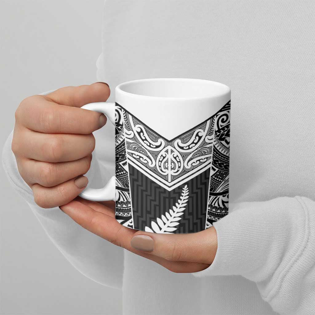 New Zealand Black Fern Custom Ceramic Mug Maori Tukutuku Black-white Motif - Aussie Hoodie